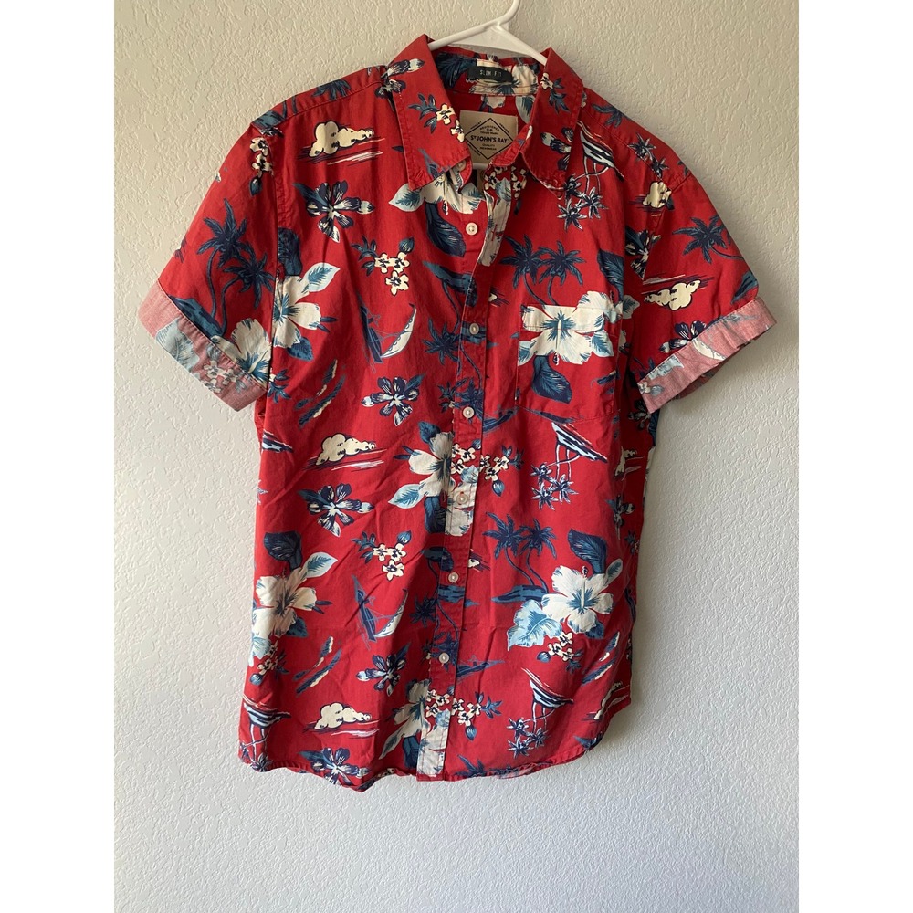 St Johns Bay Mens Tropical Floral Slim Fit M Short Sleeve Button Down Shirt Red